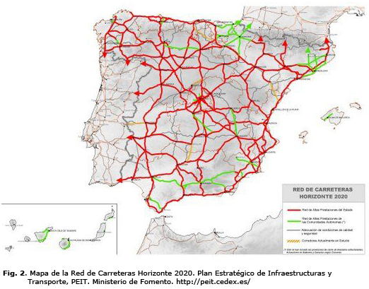 Fig 2: Mapa de la Red de Carreteras Horizonte 2020. Plan Estratégico de Infraestructuras y Transporte, PEIT. Ministerio de Fomento. http://peit.cedex.es/.jpg