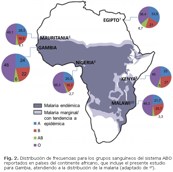 Fig. 2. Distribución de frecuencias para los grupos sanguíneos del sistema ABO reportados en países del continente africano, que incluye el presente estudio para Gambia, atendiendo a la distribución de la malaria (adaptado de 17).