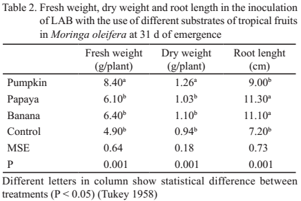 Table 2. Fresh weight, dry weight and root length in the inoculation of LAB with the use of different substrates of tropical fruits in Moringa oleifera at 31 d of emergence