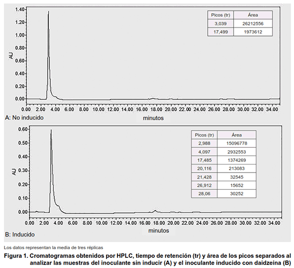 Figura 1. Cromatogramas obtenidos por HPLC, tiempo de retención (tr) y área de los picos separados al analizar las muestras del inoculante sin inducir (A) y el inoculante inducido con daidzeína (B) 