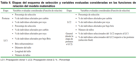 Tabla II. Etapas del esquema de selección y variables evaluadas consideradas en las funciones de relación del modelo matemático