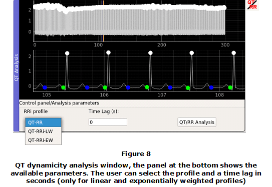 Figure 8. QT dynamicity analysis window, the panel at the bottom shows the available parameters. The user can select the profile and a time lag in seconds (only for linear and exponentially weighted profiles)