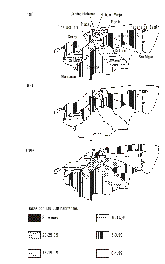 Tasas de tuberculosis en los municipios de Ciudad de La Habana, 1986, 1991 y 1995.