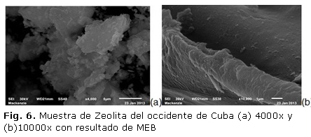 Fig. 6. Muestra de Zeolita del occidente de Cuba (a) 4000x y (b)10000x con resultado de MEB