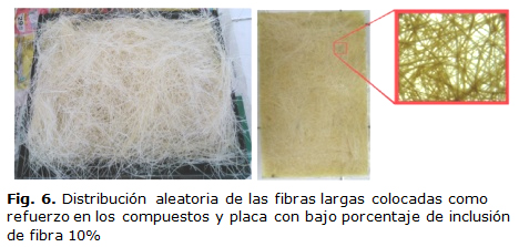 Fig. 6. Distribución aleatoria de las fibras largas colocadas como refuerzo en los compuestos y placa con bajo porcentaje de inclusión de fibra 10%