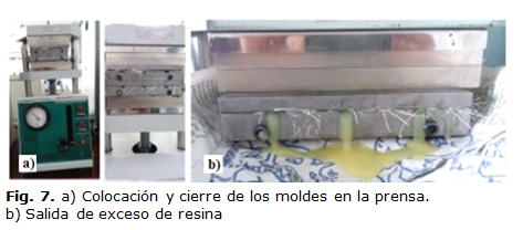 Fig. 7. a) Colocación y cierre de los moldes en la prensa. b) Salida de exceso de resina
