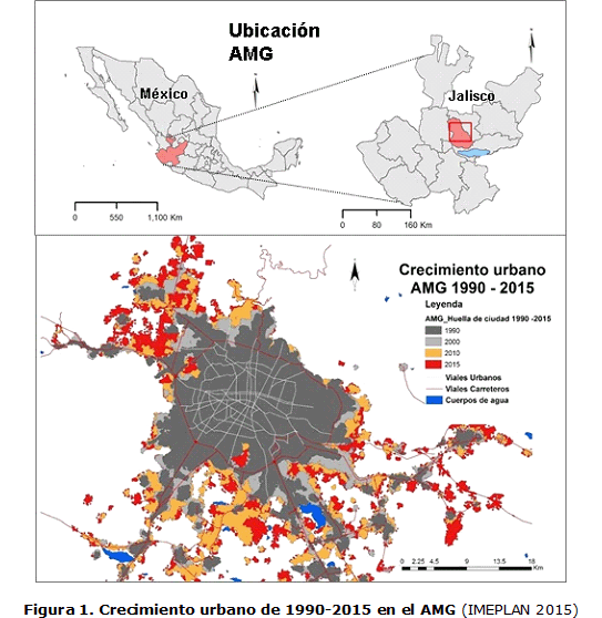 Figura 1. Crecimiento urbano de 1990-2015 en el AMG (IMEPLAN 2015)