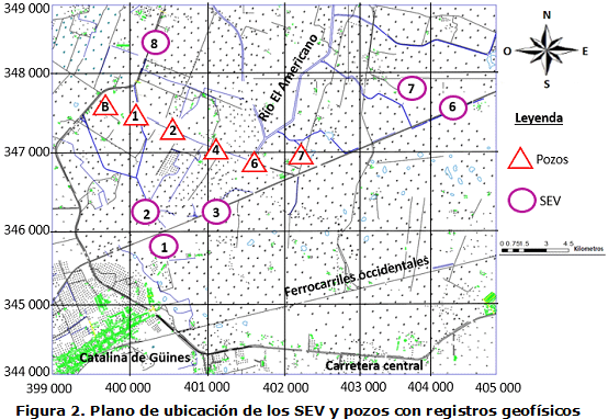 Figura 2. Plano de ubicación de los SEV y pozos con registros geofísicos