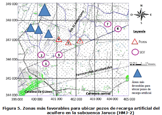 Figura 5. Zonas más favorables para ubicar pozos de recarga artificial del acuífero en la subcuenca Jaruco (HMJ-2)
