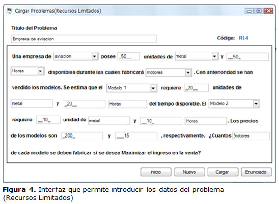 Figura 4. Interfaz que permite introducir los datos del problema   (Recursos Limitados) 